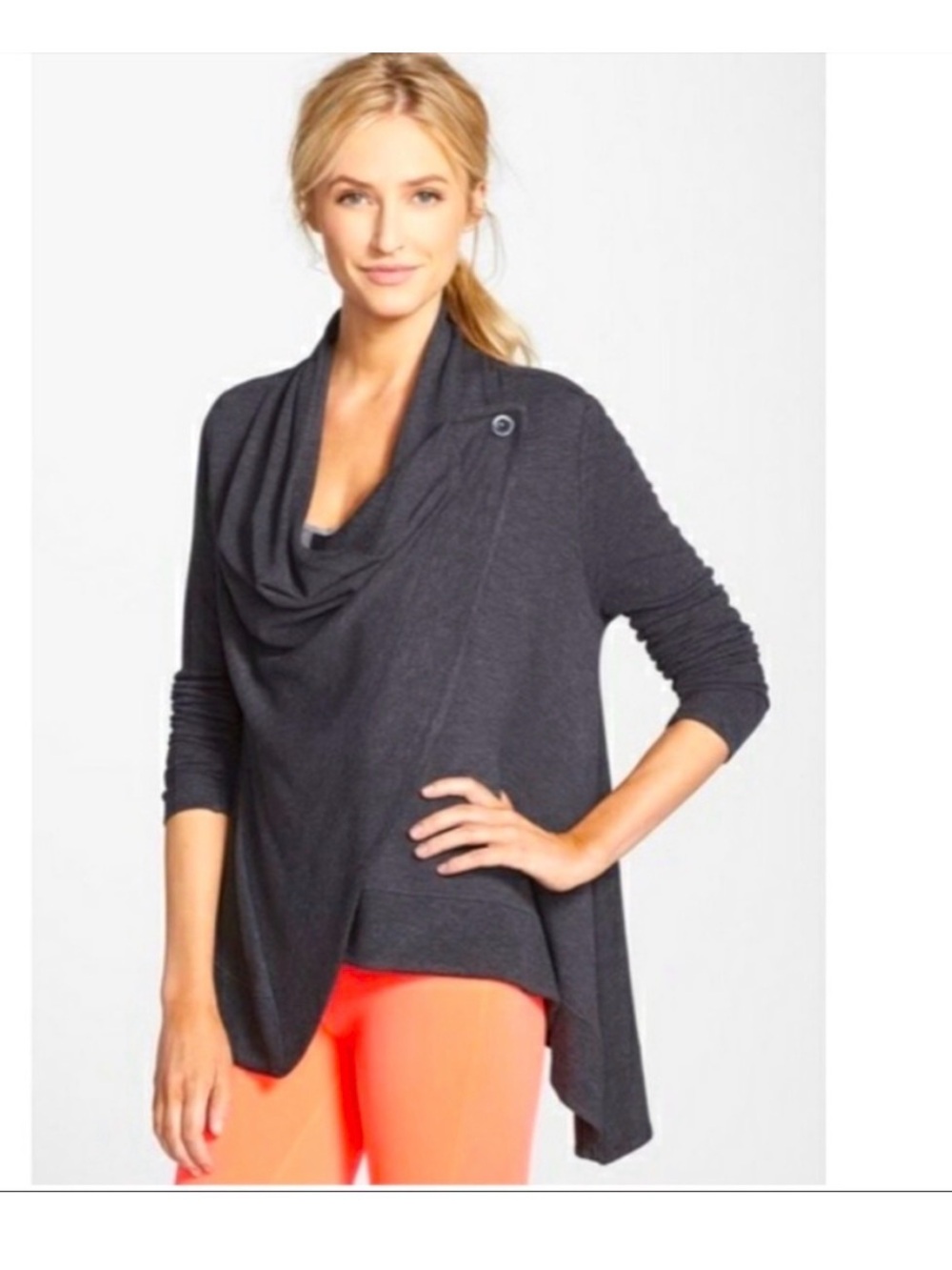 ALO Yoga Draped Cowl Neck Sweater Cardigan in Charcoal